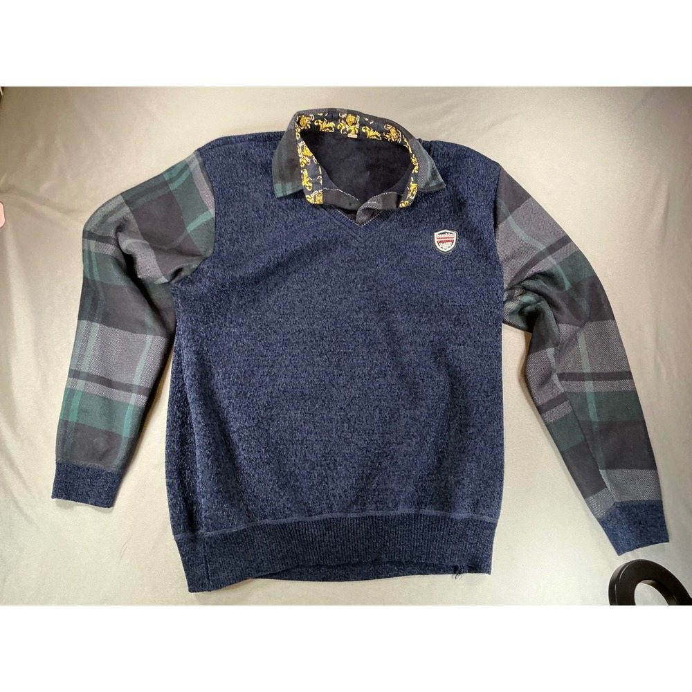 Bambini Navy Blue Mixed Media Plaid Sleeve Fleece Lined Sweater XL Womens